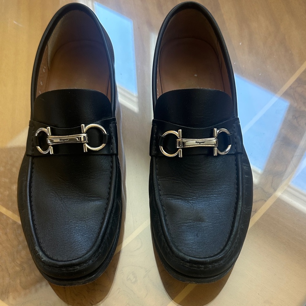Salvatore Ferragamo Black Leather Loafers with Metallic Accent